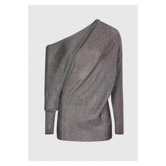New! REISS Isla Metallic Knit One Shoulder Top - Picture 7 of 12